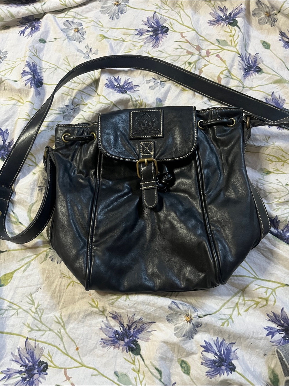 Y2K Mia Bella Black Faux Leather Medallion Flap Bag - 2000s Grunge Style